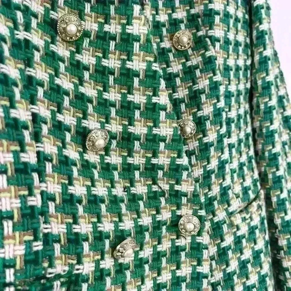 Blogger Favorite Green Zara Woven Textured Double Breasted Tweed Blazer Size S - Picture 7 of 13